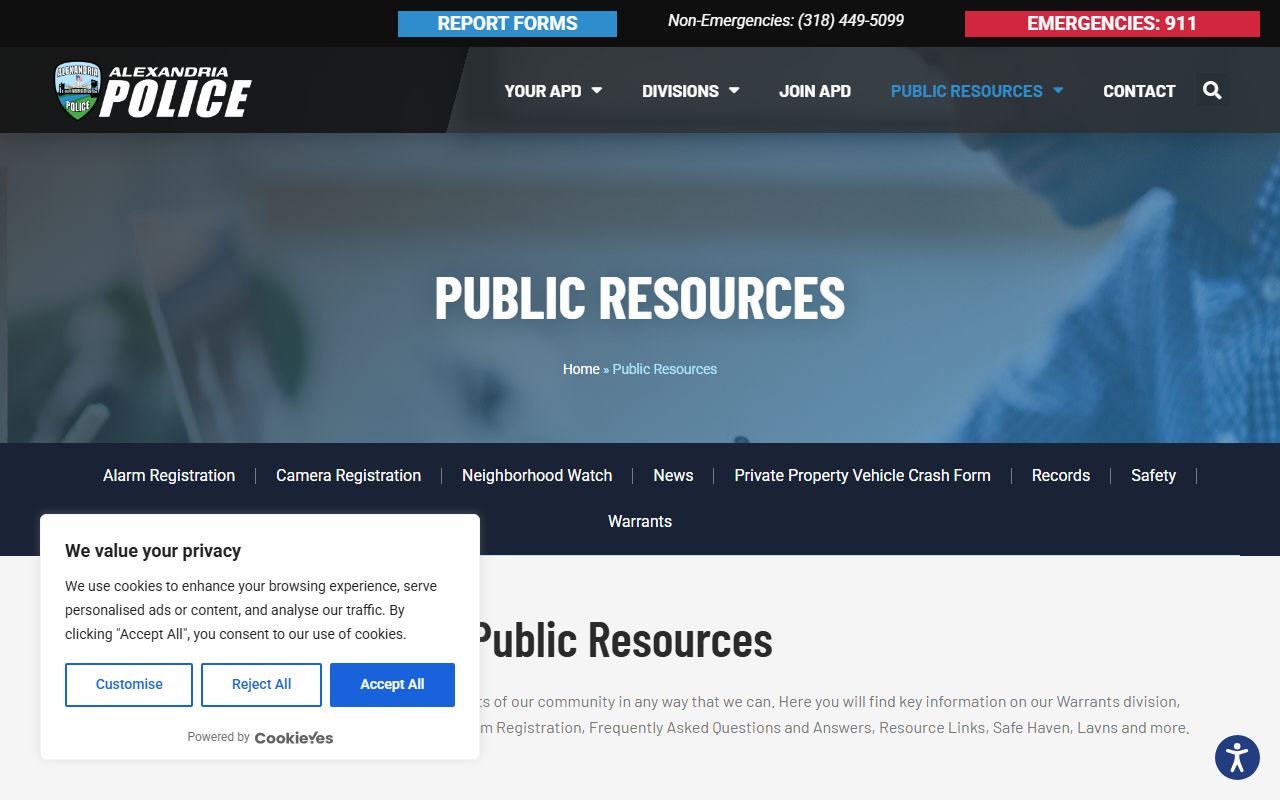 Alexandria Police Department public resources page for 72 hour booking records