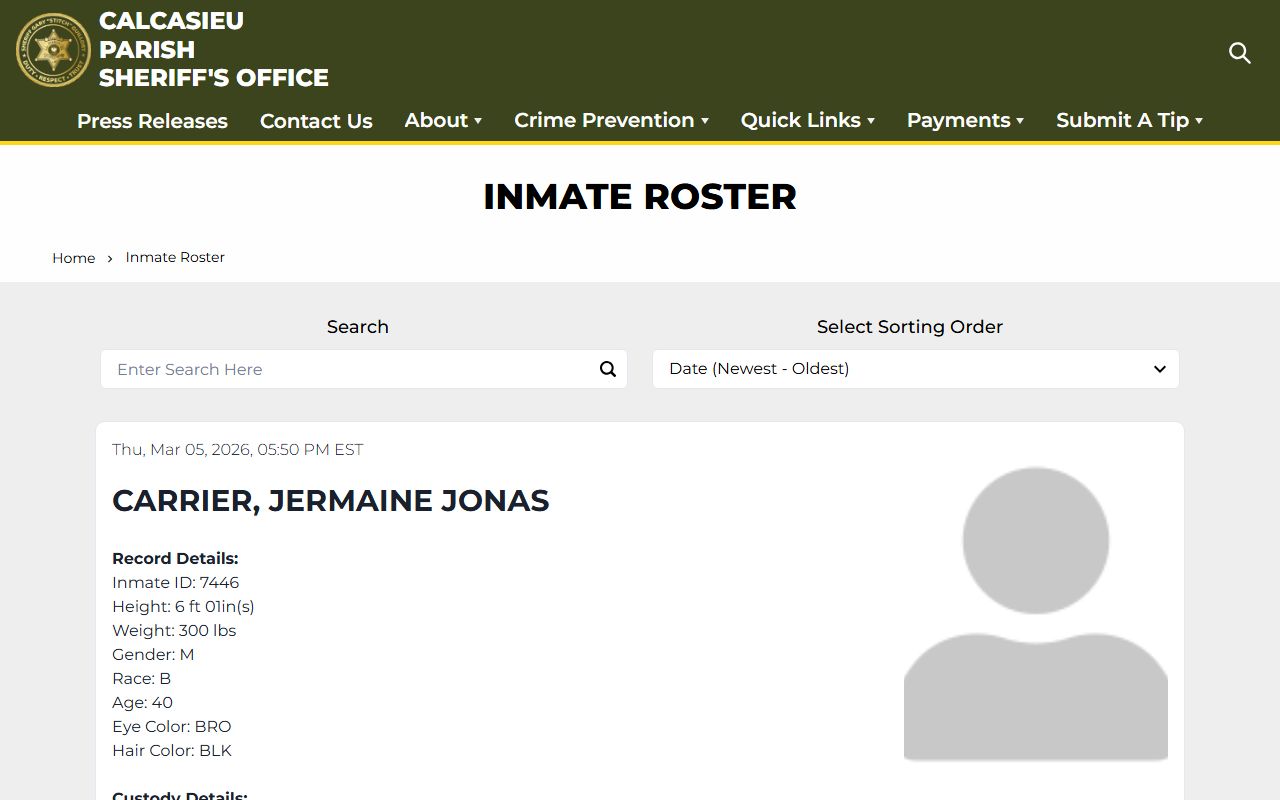 Calcasieu Parish inmate roster page for Lake Charles 72 hour booking lookup