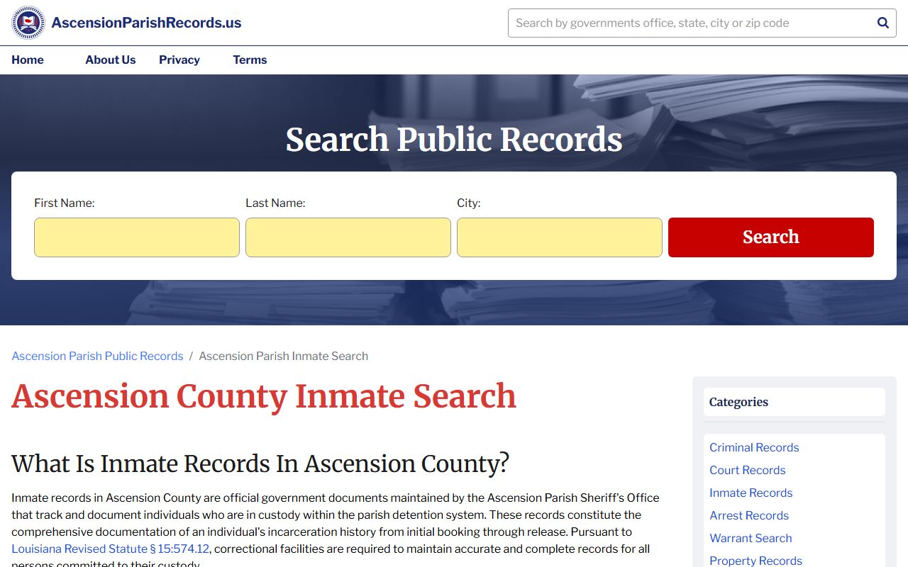 Ascension Parish inmate search portal for Prairieville 72 hour booking records