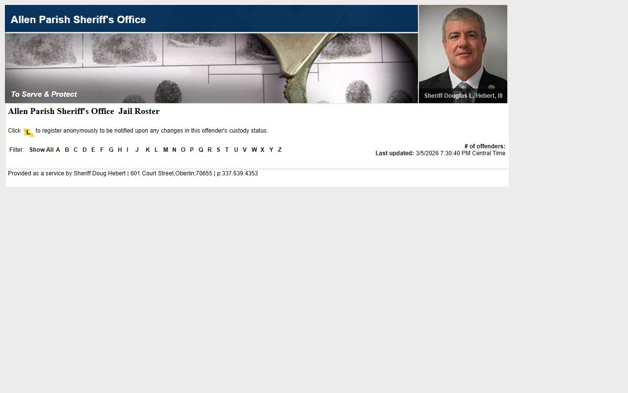 Allen Parish LAVNS inmate roster portal for 72 hour booking lookup
