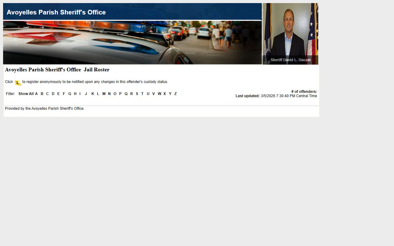 Avoyelles Parish LAVNS inmate roster for 72 hour booking records