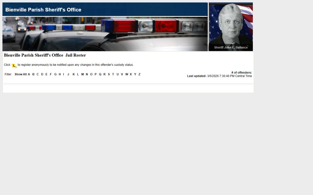 Bienville Parish LAVNS inmate roster for 72 hour booking lookup