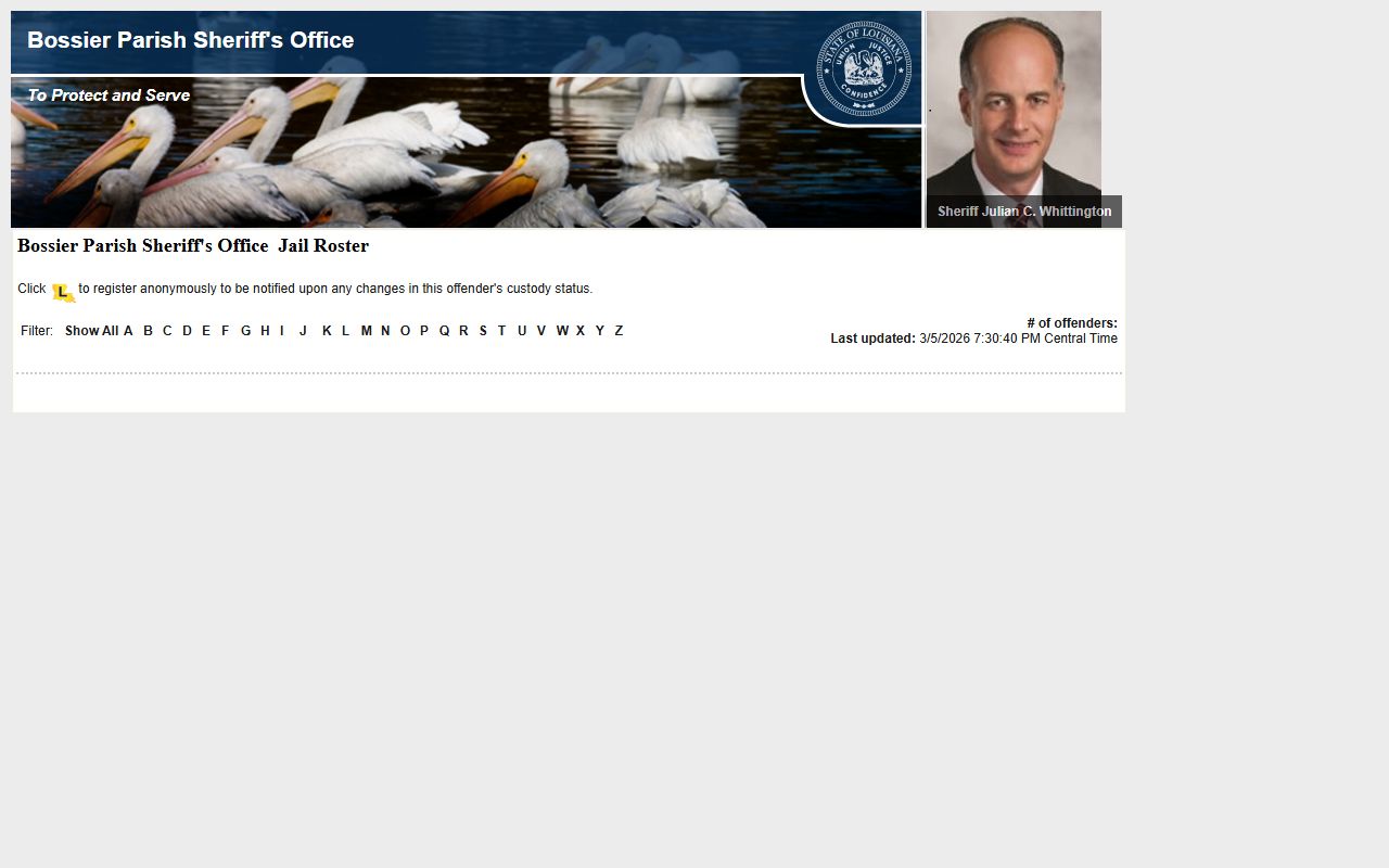 Bossier Parish LAVNS inmate roster for 72 hour booking lookup