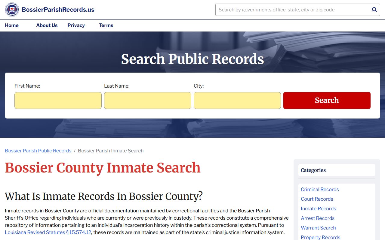 Bossier Parish records portal for booking record search