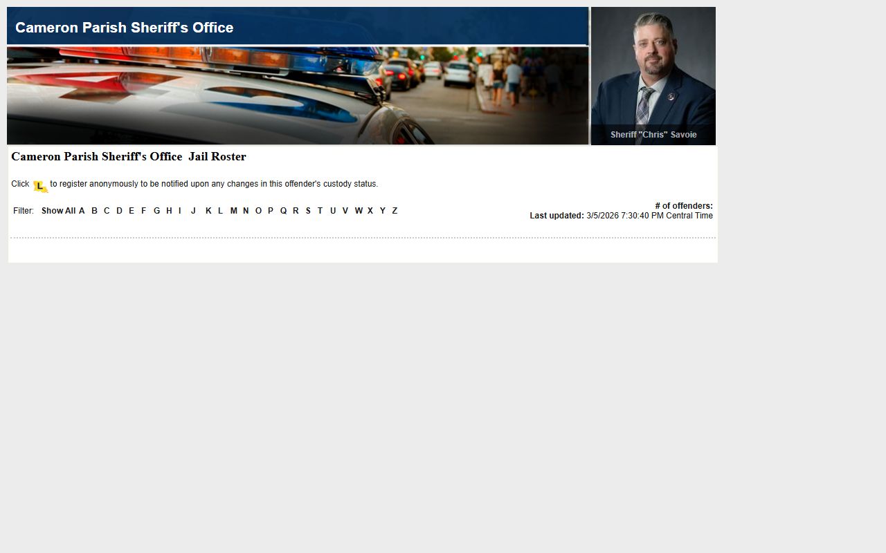 Cameron Parish LAVNS portal for current inmate and booking searches