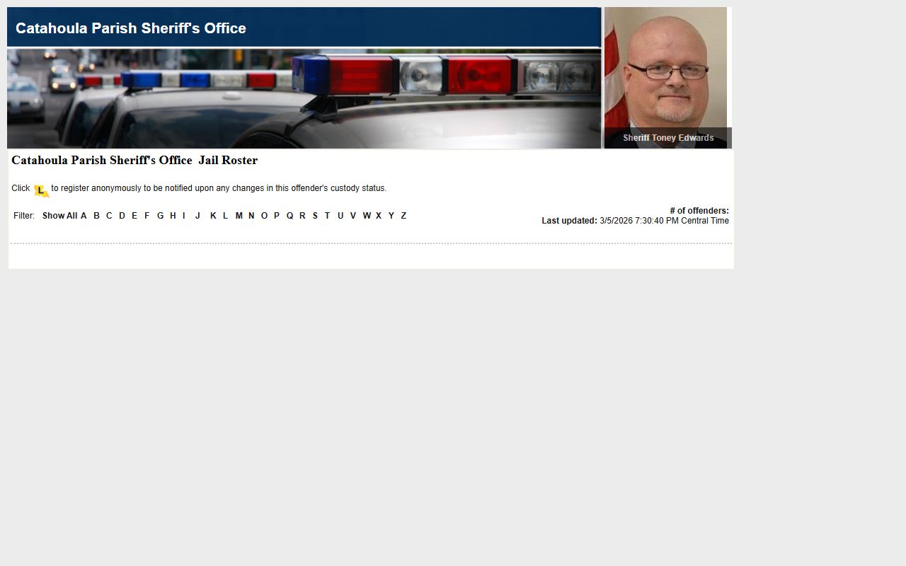 Catahoula Parish LAVNS portal showing booking records and inmate roster