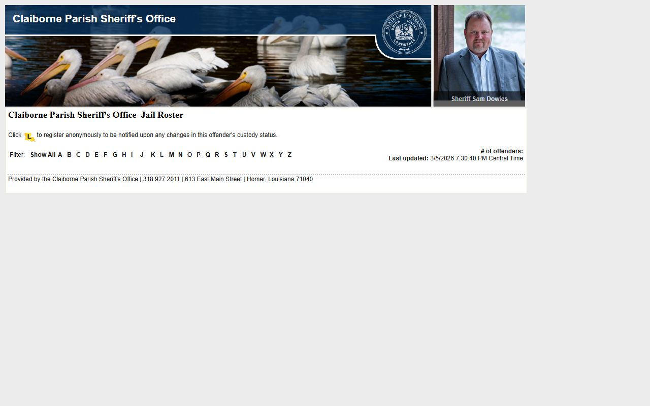 Claiborne Parish LAVNS portal for current booking and inmate records