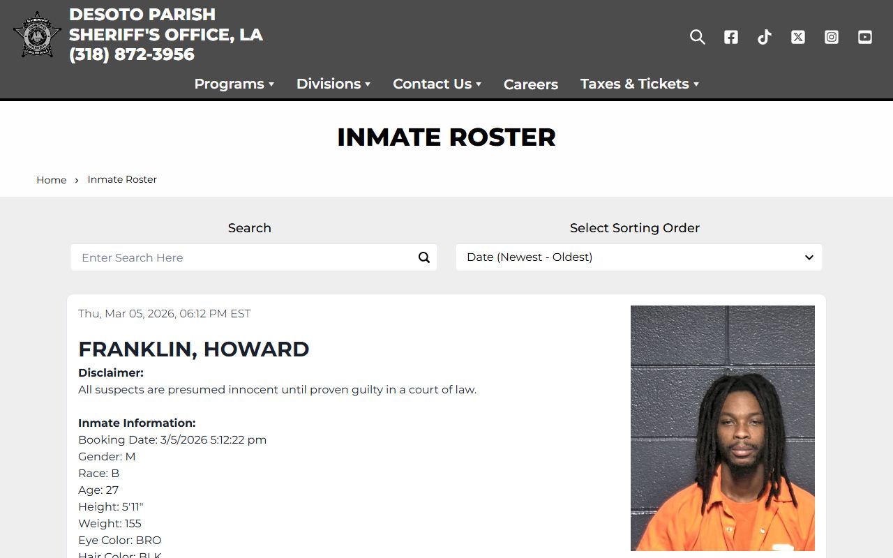 DeSoto Parish inmate roster page showing 72 hour booking records with mugshots