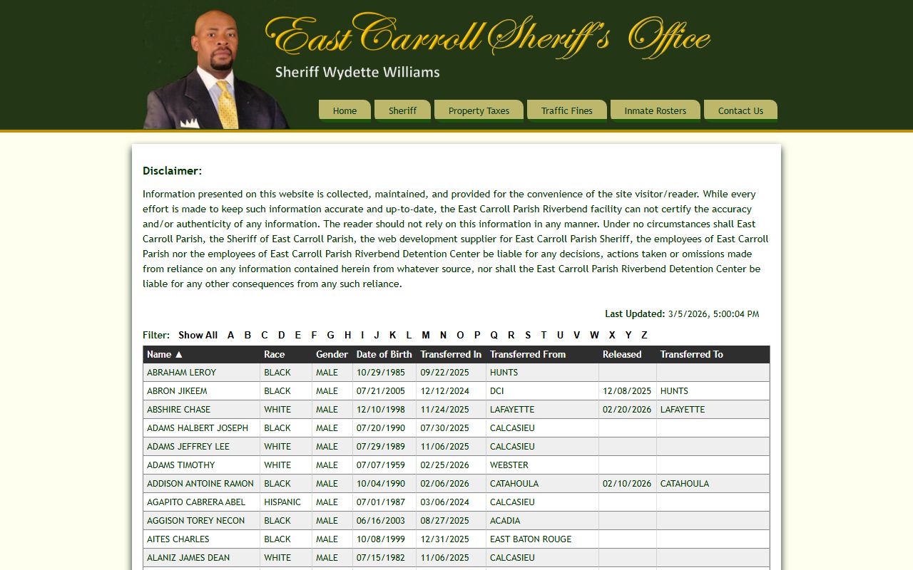 East Carroll Parish Riverbend Detention Center inmate roster for 72 hour booking