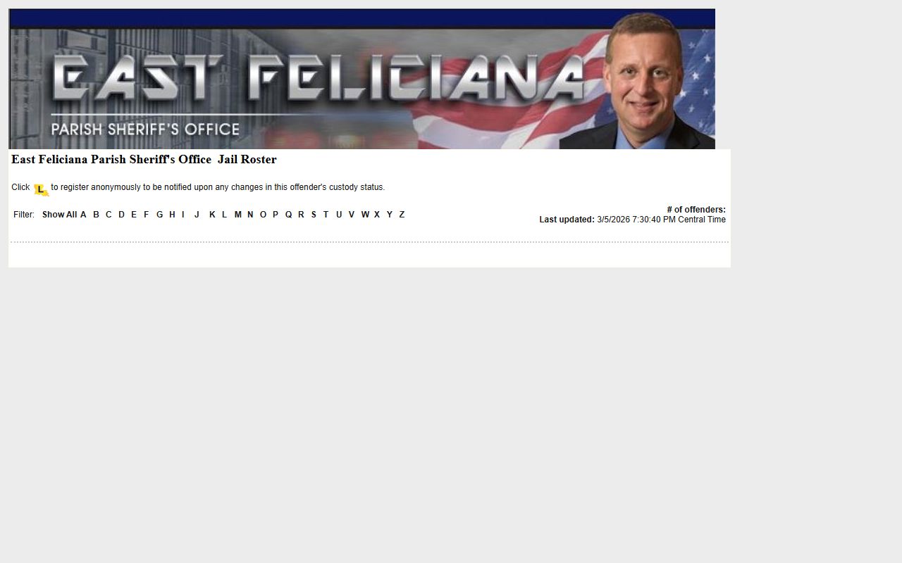 East Feliciana Parish LAVNS roster for 72 hour booking searches