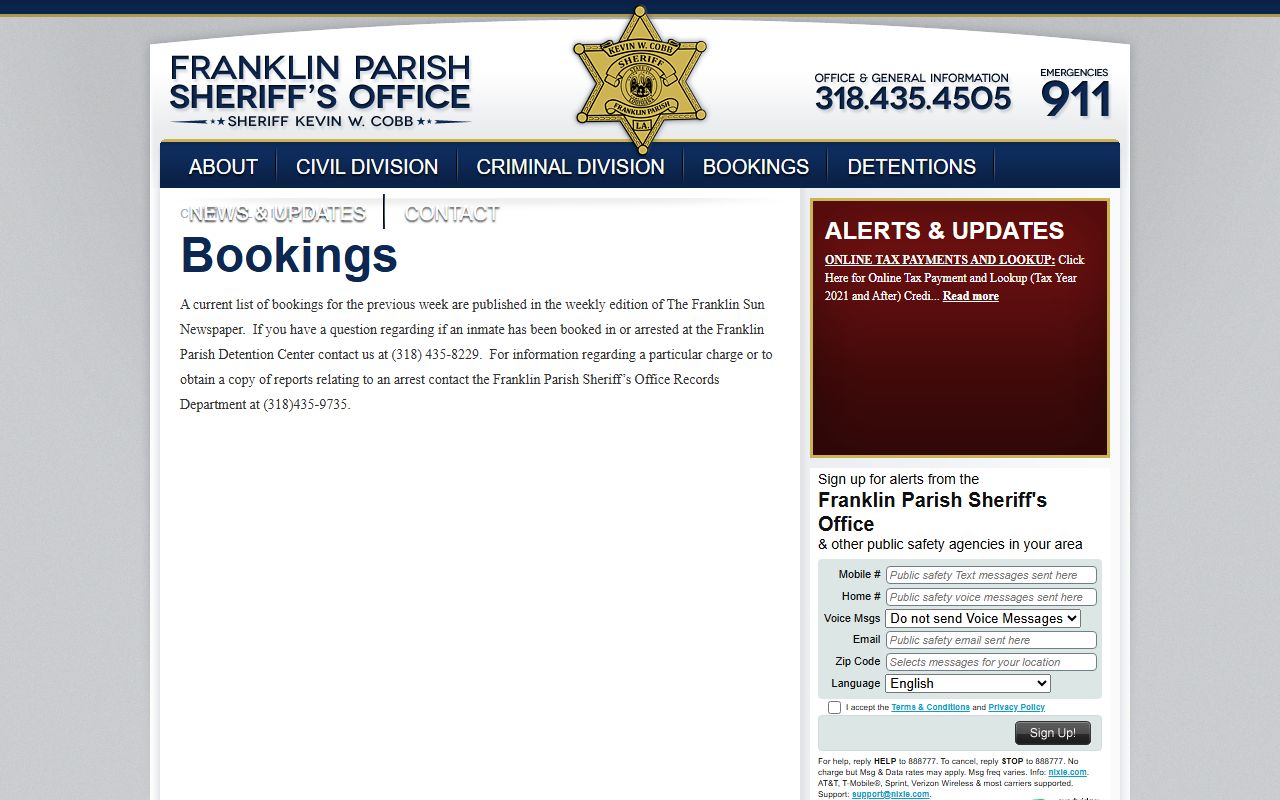 Franklin Parish Sheriff bookings page for 72 hour booking records