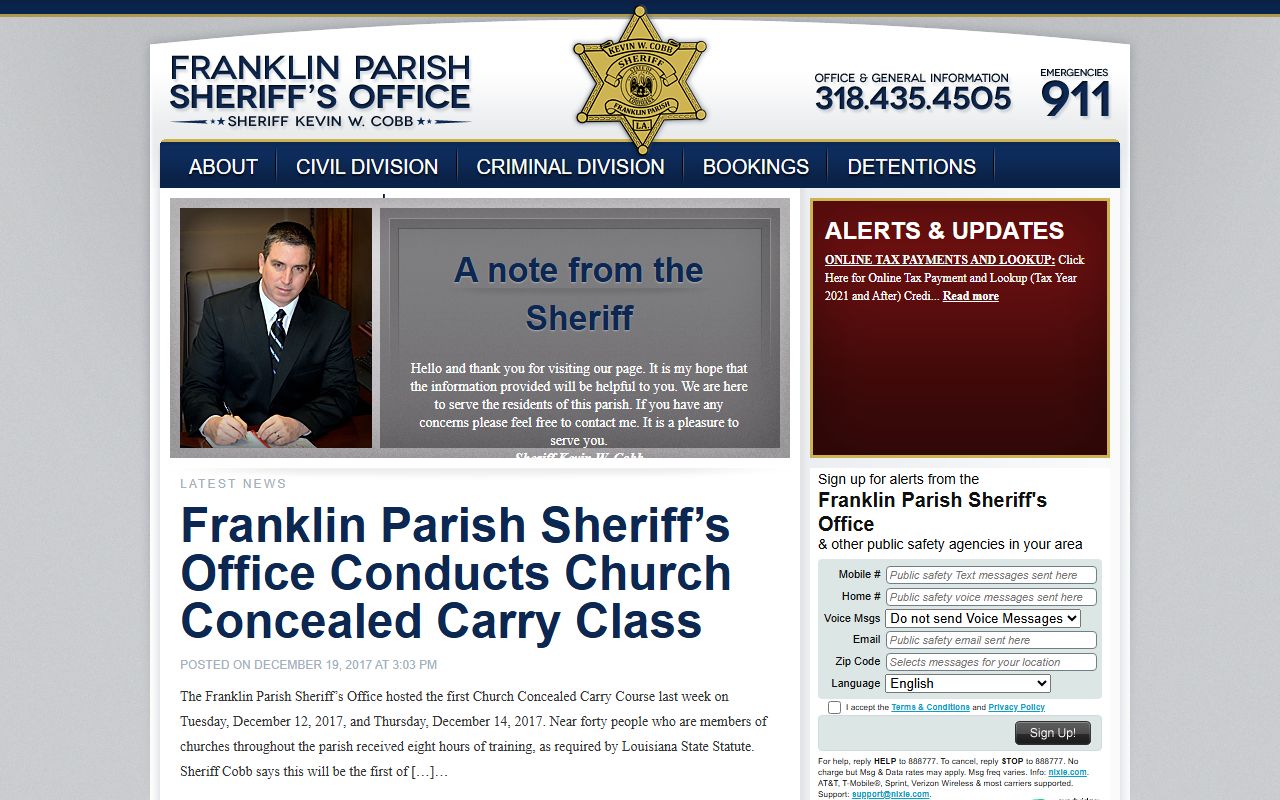 Franklin Parish Sheriff's Office website for 72 hour booking and detention information