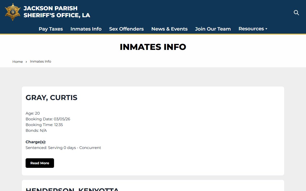 Jackson Parish Sheriff inmates page showing current bookings