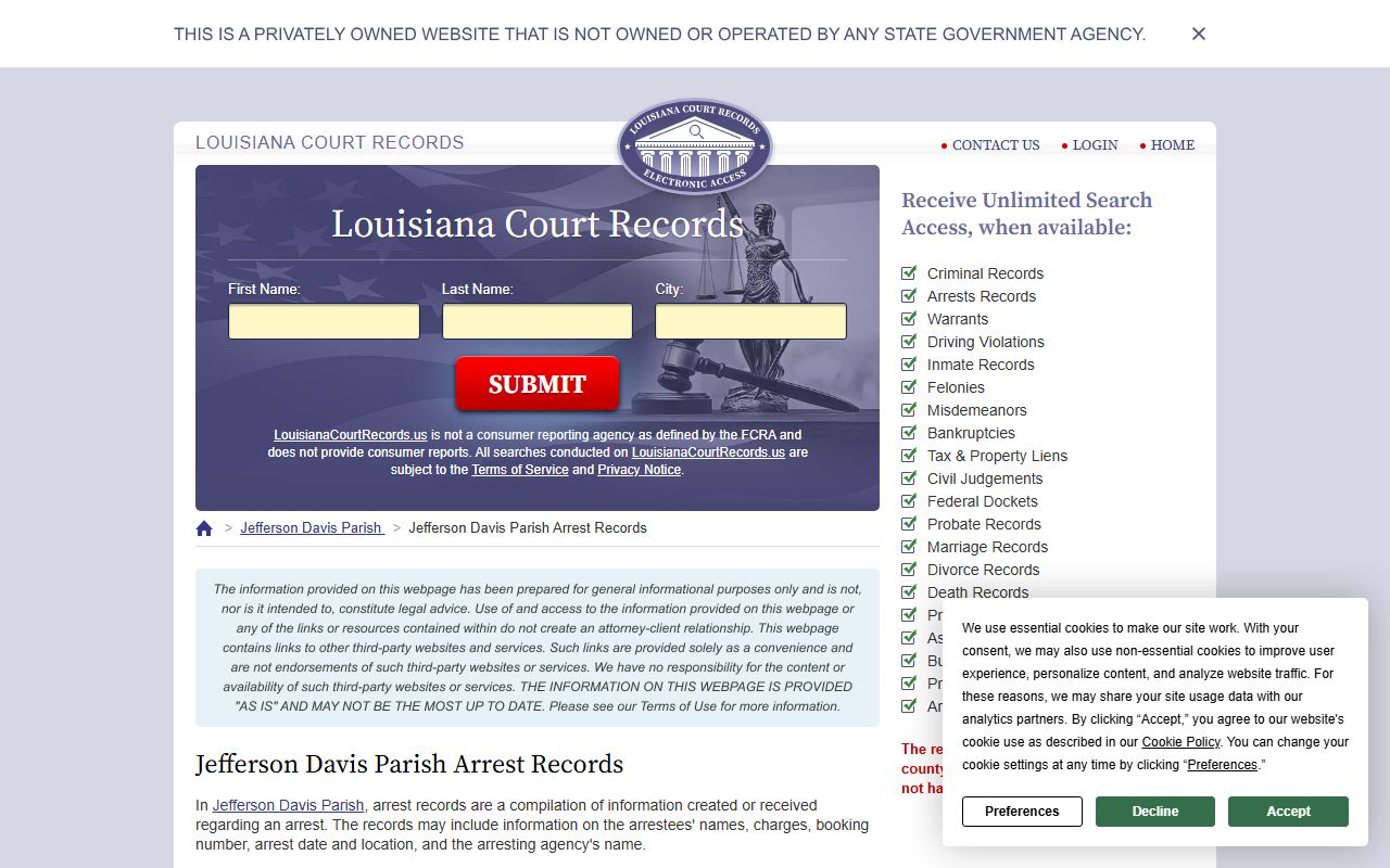 Jefferson Davis Parish court records and 72 hour booking search page
