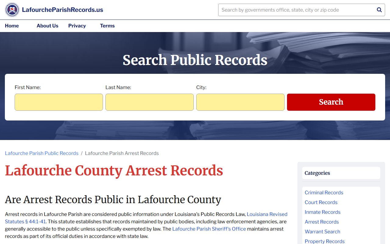 Lafourche Parish arrest records and 72 hour booking search page