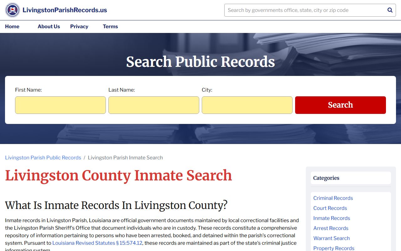 Livingston Parish inmate search and 72 hour booking records page
