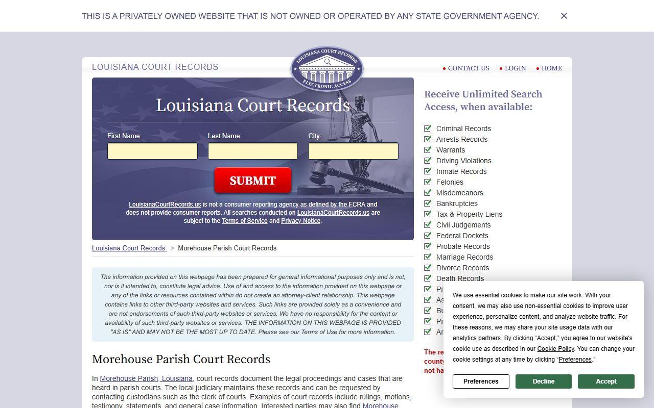 Morehouse Parish court records page for 72 hour booking data