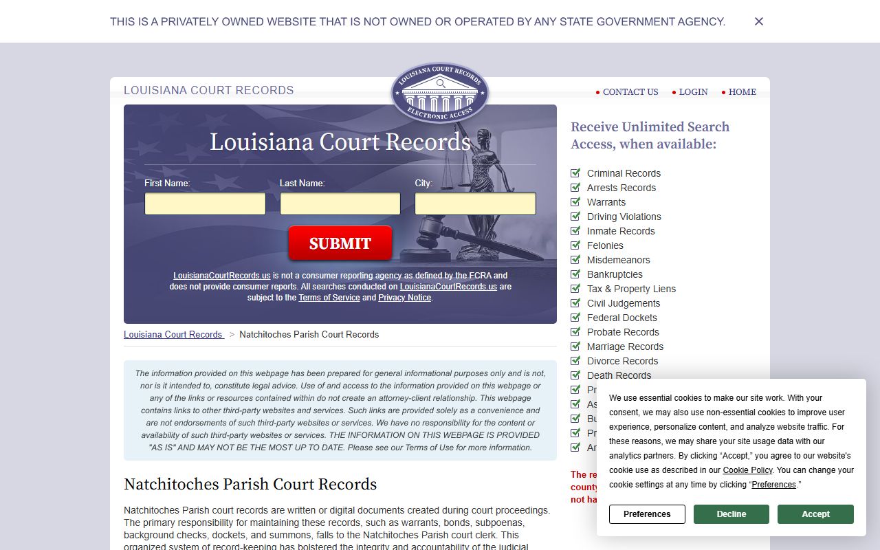 Natchitoches Parish court records for 72 hour booking case tracking