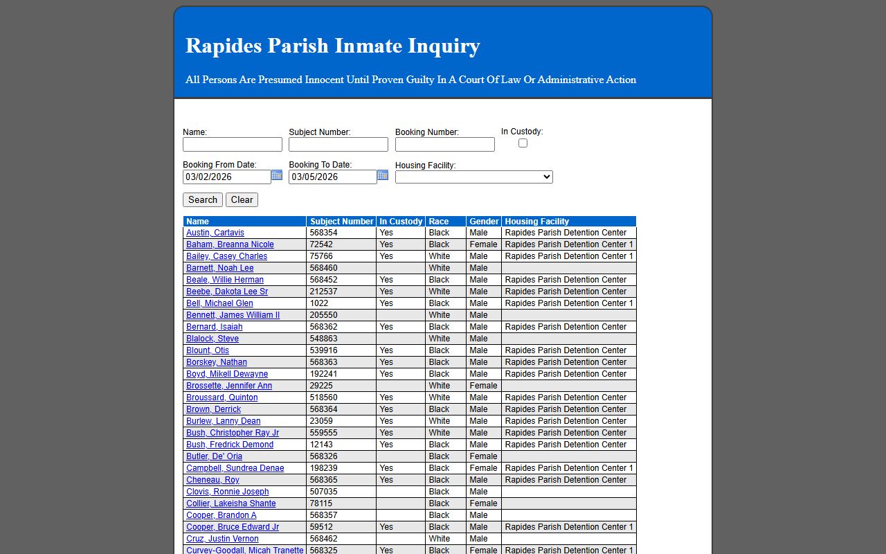 Rapides Parish inmate inquiry portal for 72 hour booking searches