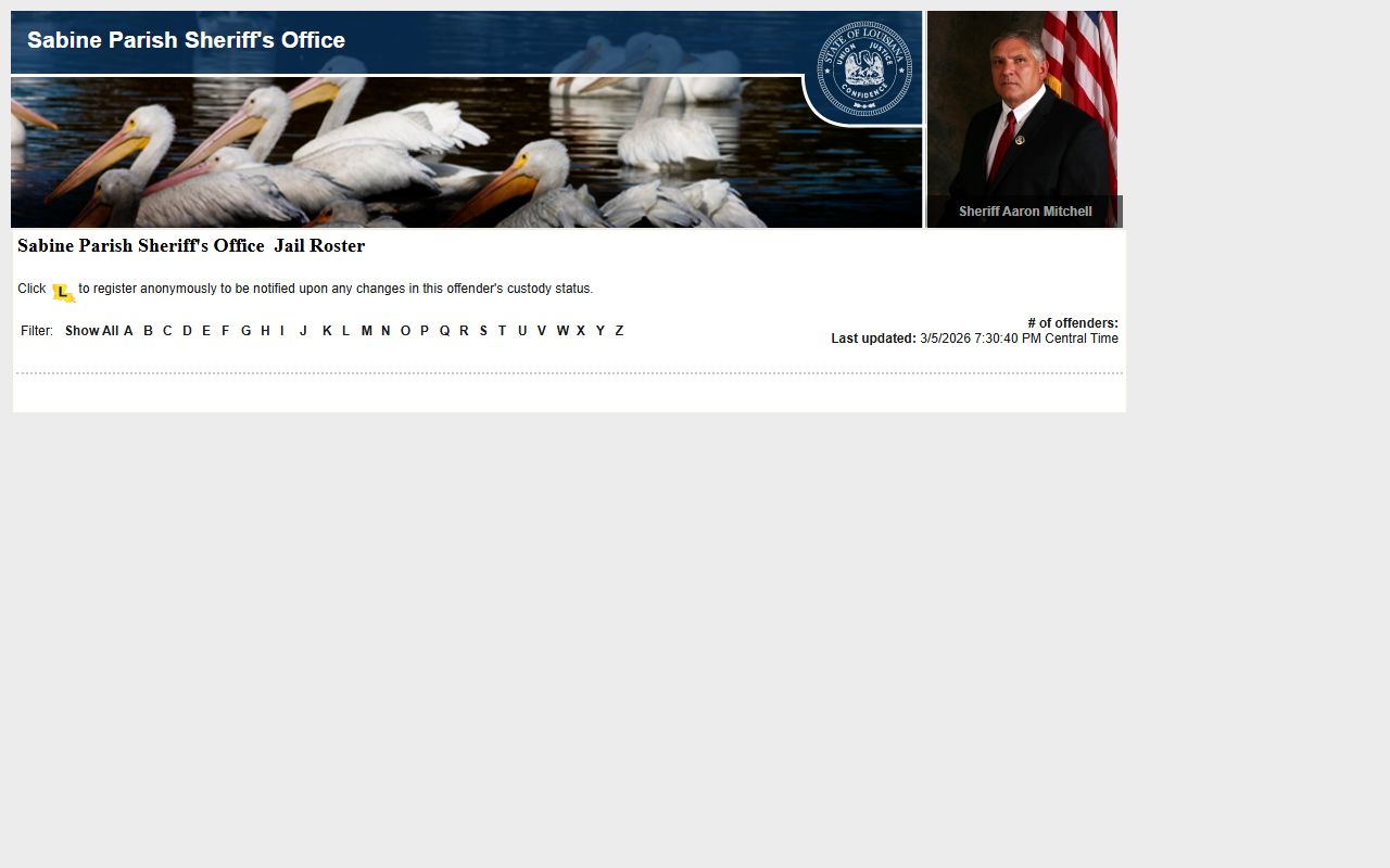 Sabine Parish LAVNS portal for inmate search and 72 hour booking