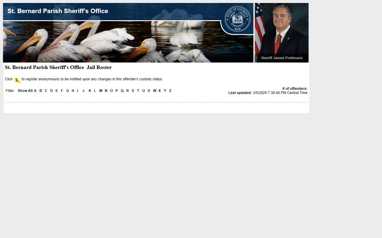 St. Bernard Parish LAVNS portal showing 72 hour booking records