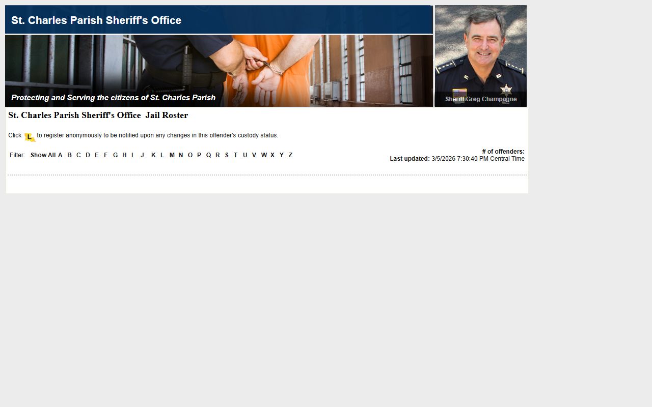 St. Charles Parish LAVNS inmate portal for 72 hour booking search