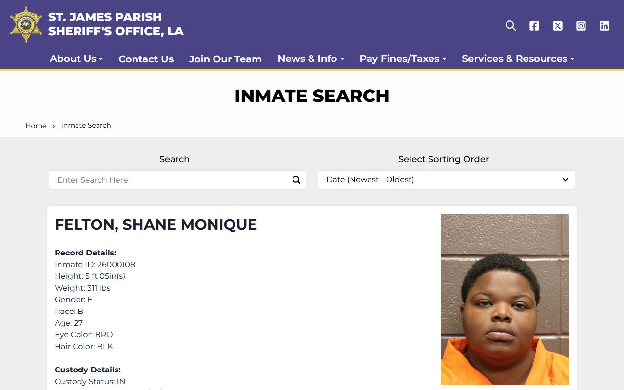 St. James Parish inmate search tool for 72 hour booking records