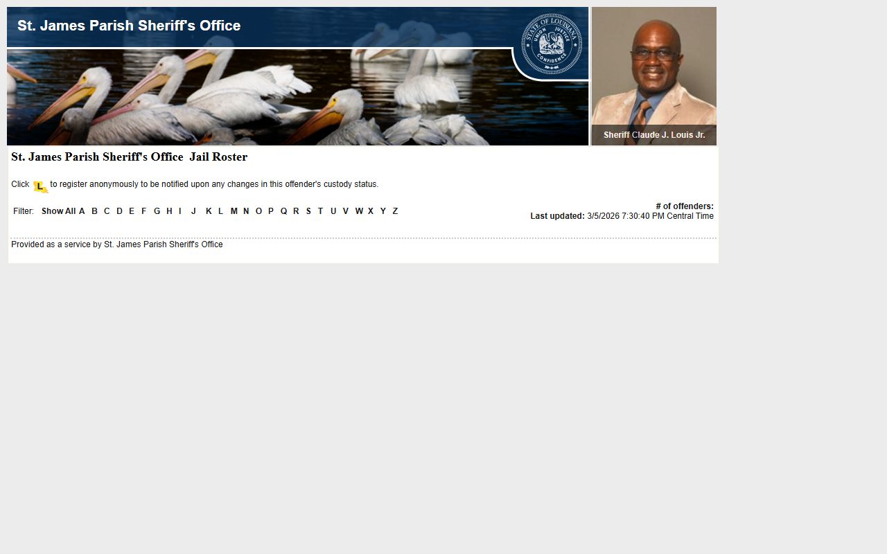 St. James Parish LAVNS portal for inmate roster and 72 hour booking
