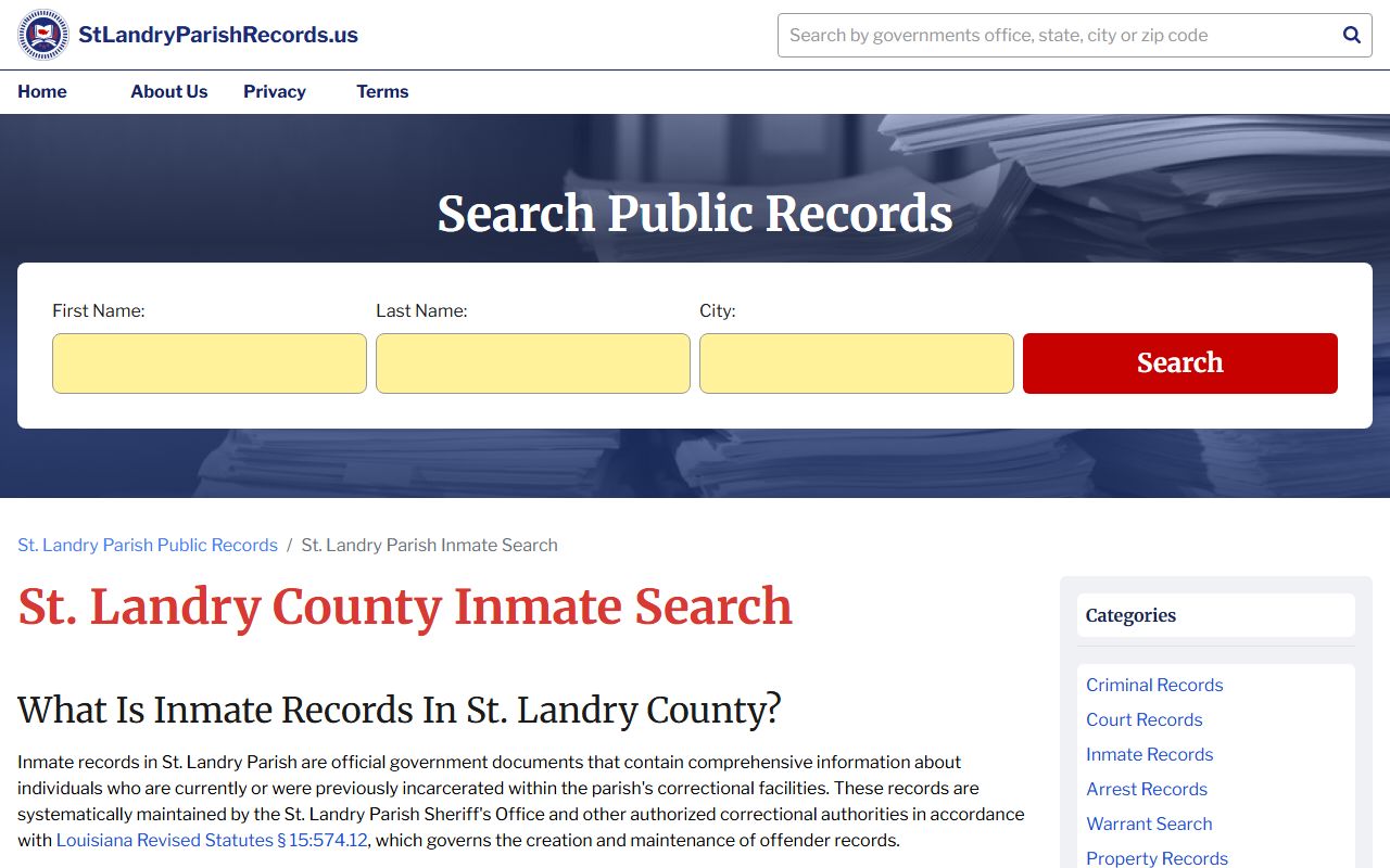 St. Landry Parish inmate search page for 72 hour booking records