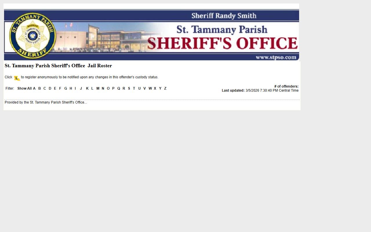 St. Tammany Parish LAVNS portal for Slidell 72 hour booking records