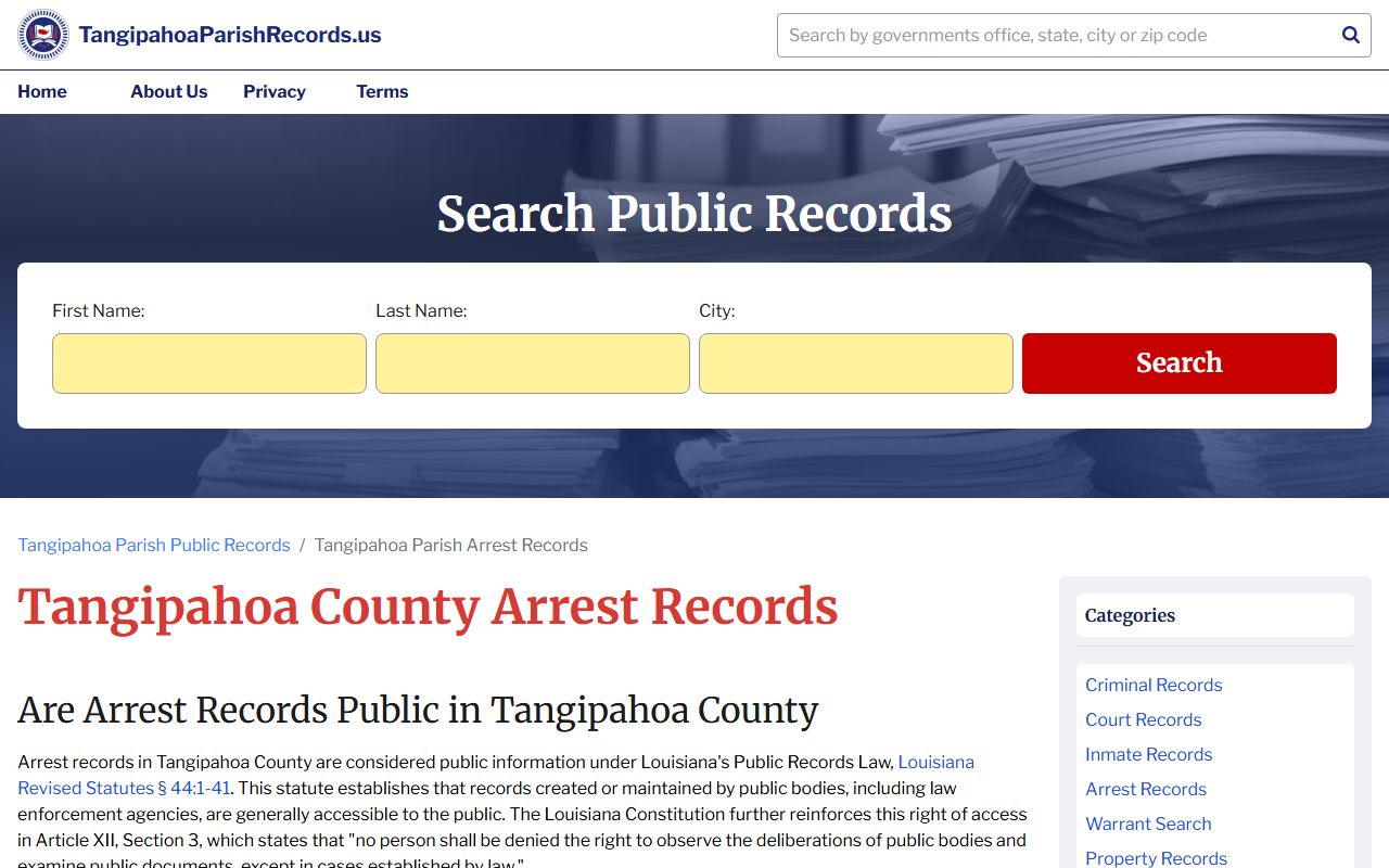 Tangipahoa Parish arrest records page for 72 hour booking lookups