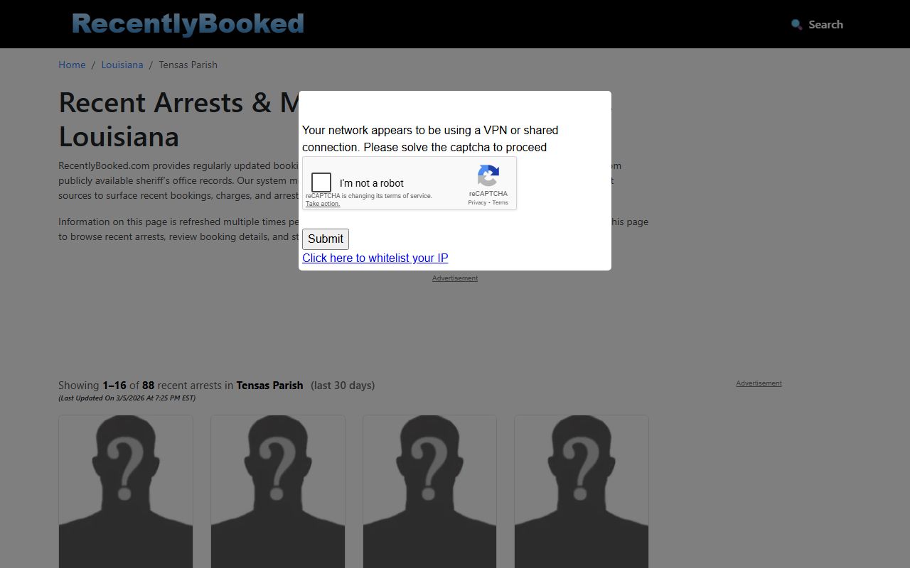 RecentlyBooked page showing Tensas Parish 72 hour booking records