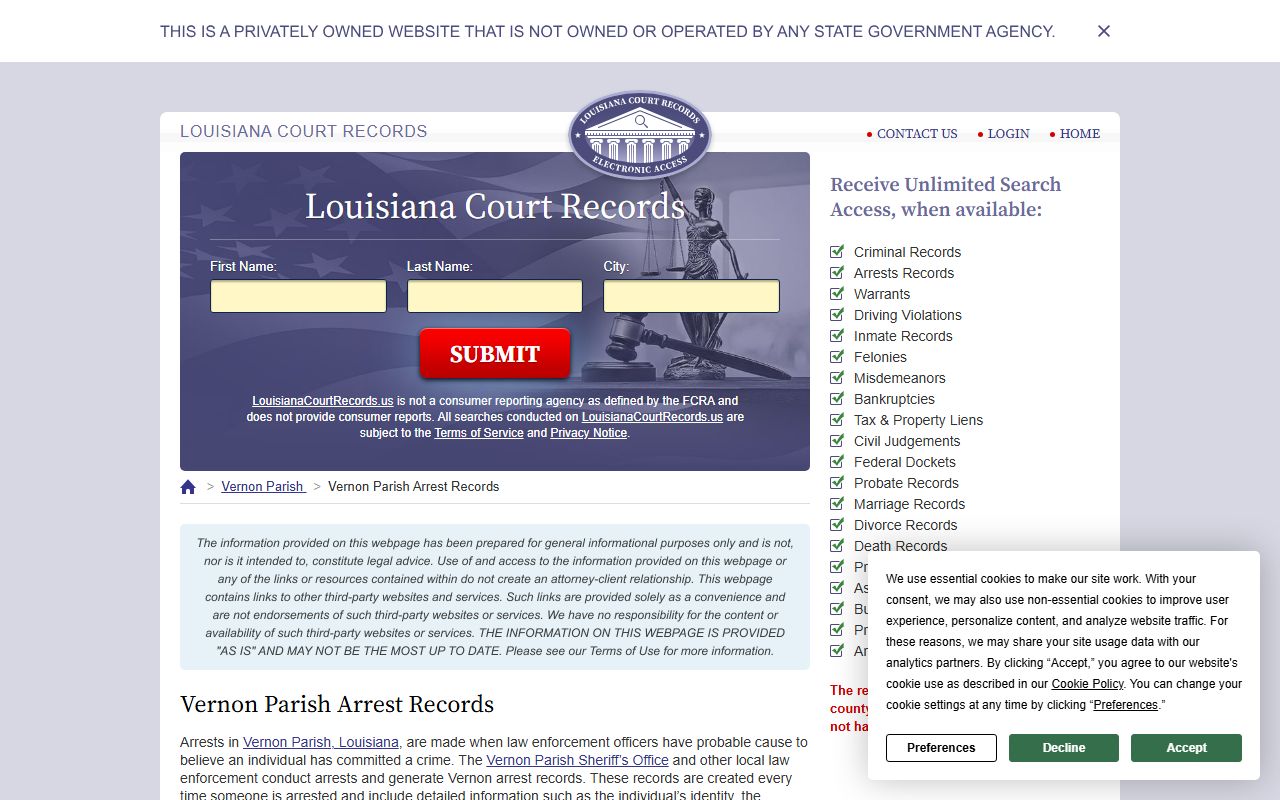 Vernon Parish court records search portal for 72 hour booking arrests