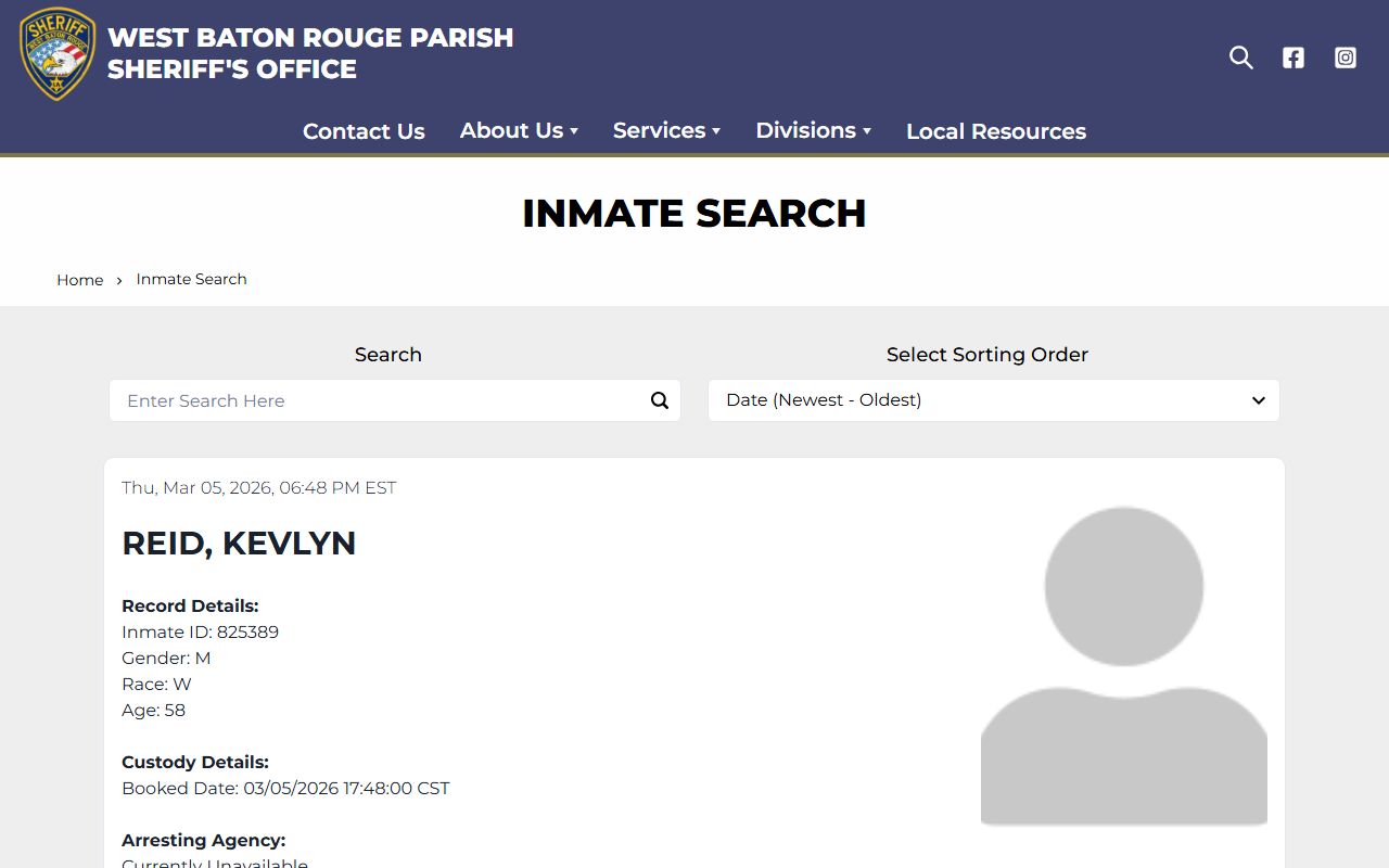 West Baton Rouge Parish online inmate search for 72 hour booking records